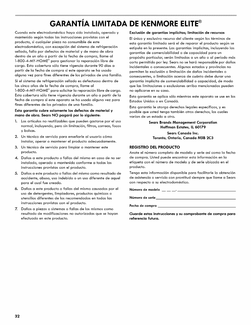 Garantia limitada de kenmore elite | Kenmore 106.511800 User Manual | Page 32 / 92