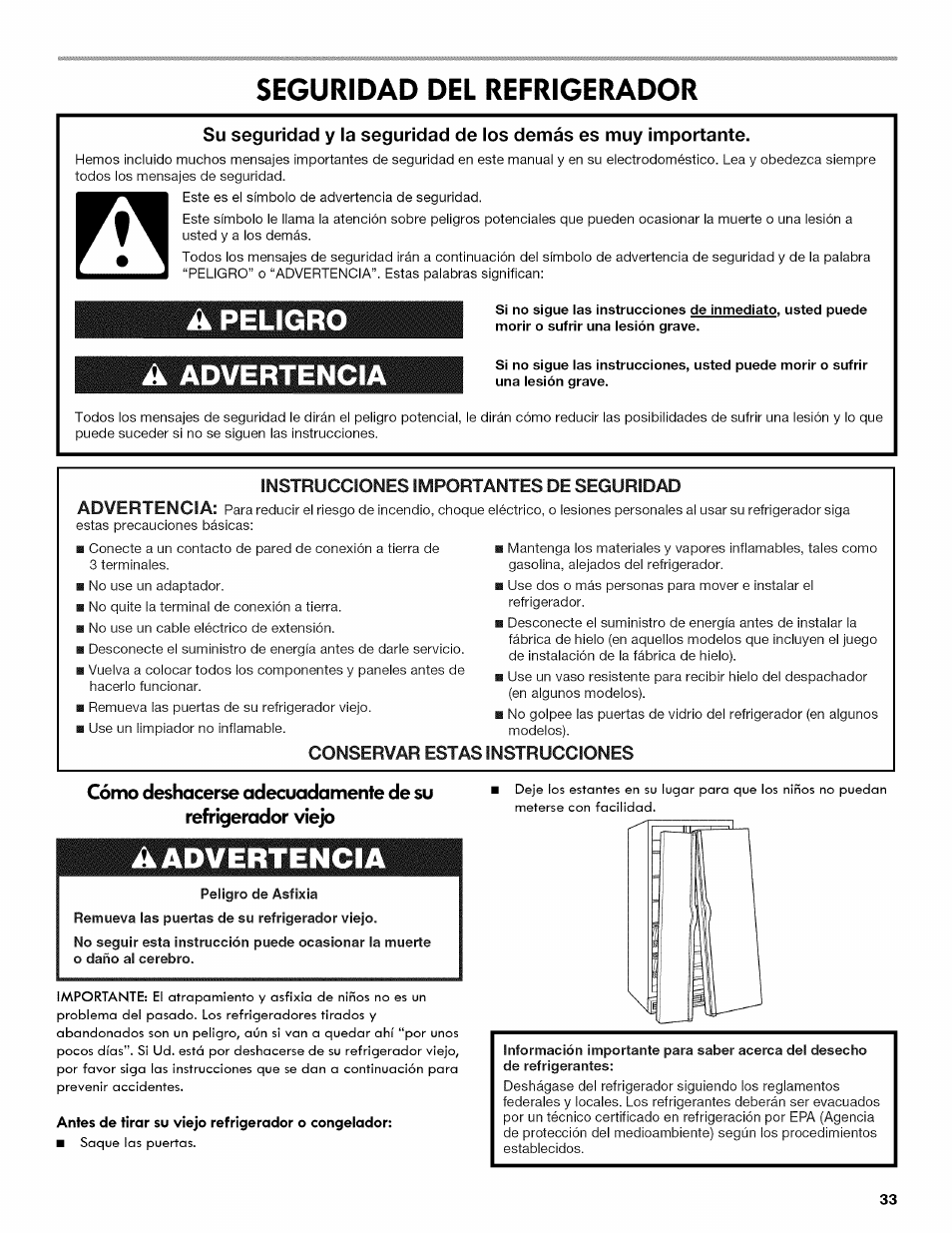 Seguridad del refrigerador, A. peligro, A advertencia | Conservar estas instrucciones, Peligro, Advertencia, Instrucciones importantes de seguridad advertencia | Kenmore 106.511800 User Manual | Page 33 / 92