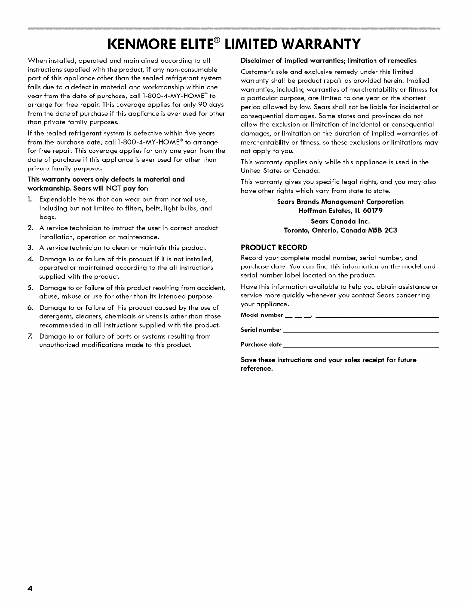 Kenmore elite® limited warranty | Kenmore 106.511800 User Manual | Page 4 / 92