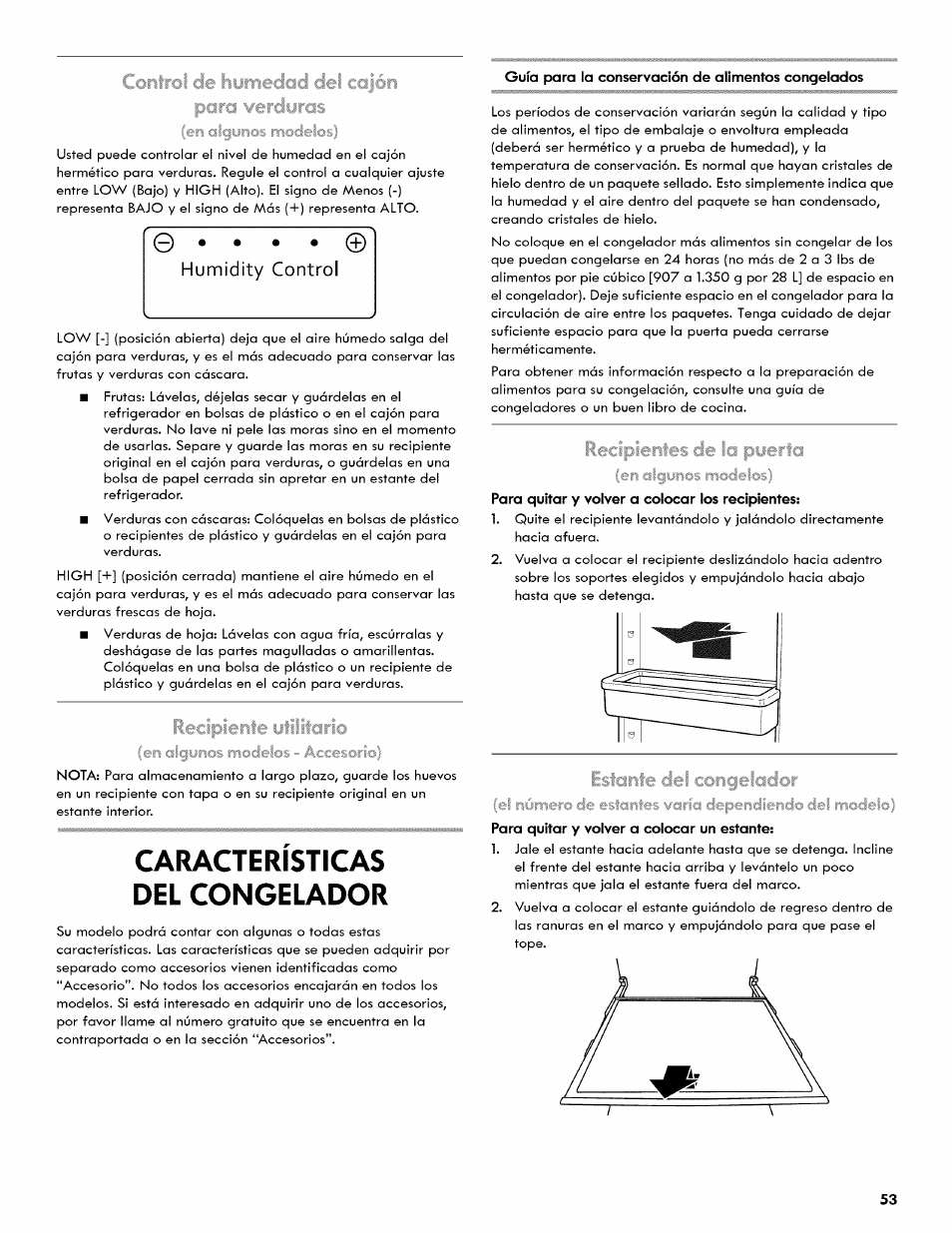 Características del congelador, Humidity control | Kenmore 106.511800 User Manual | Page 53 / 92