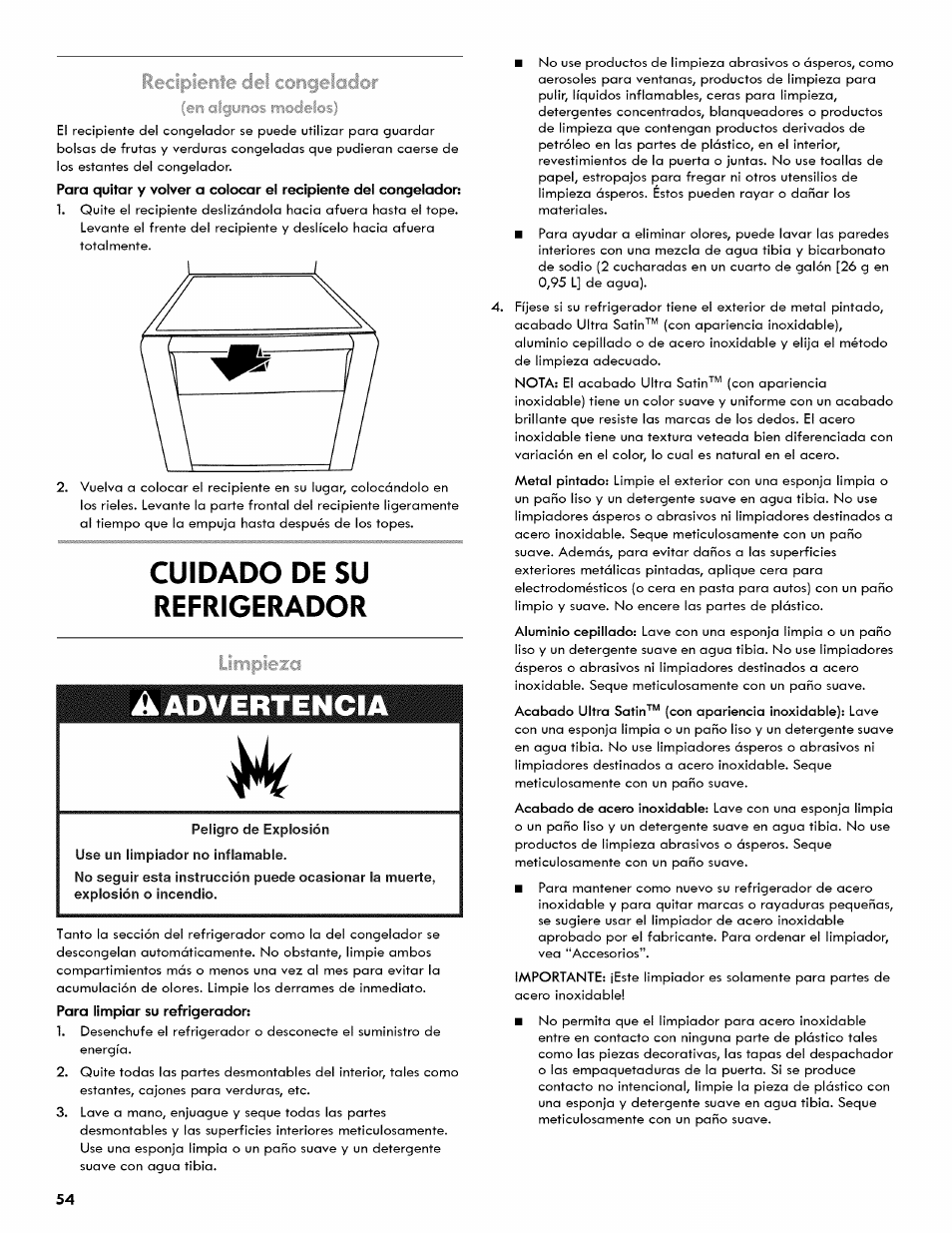 Cuidado de su refrigerador, A advertencia | Kenmore 106.511800 User Manual | Page 54 / 92