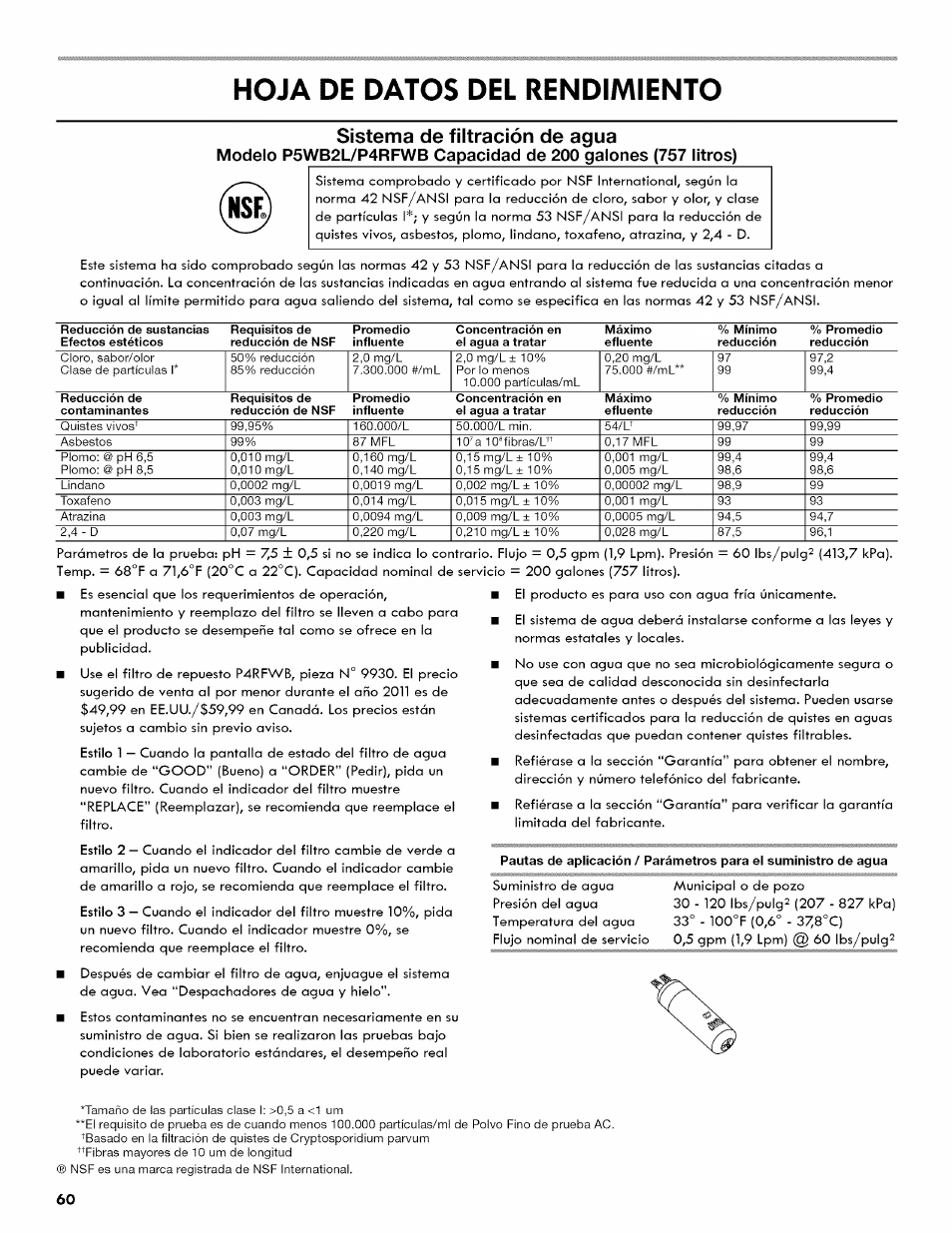 Hoja de datos del rendimiento, Sistema de filtración de agua | Kenmore 106.511800 User Manual | Page 60 / 92