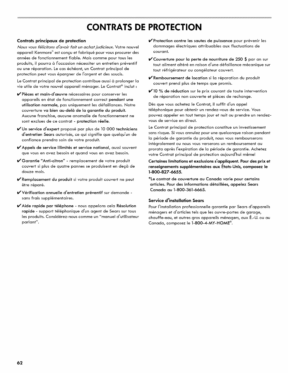 Contrats de protection | Kenmore 106.511800 User Manual | Page 62 / 92