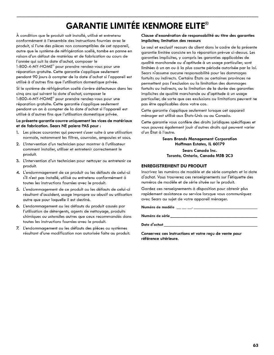 Garantie limitee kenmore elite | Kenmore 106.511800 User Manual | Page 63 / 92