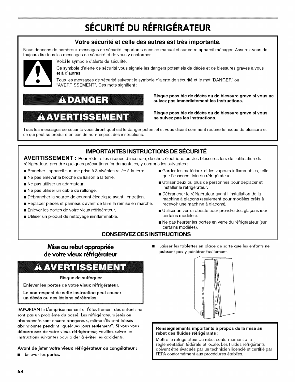 Securite du refrigerateur, Adanger, A avertissement | Sécurité du réfrigérateur, Adanger a avertissement, Importantes instructions de securite avertissement | Kenmore 106.511800 User Manual | Page 64 / 92