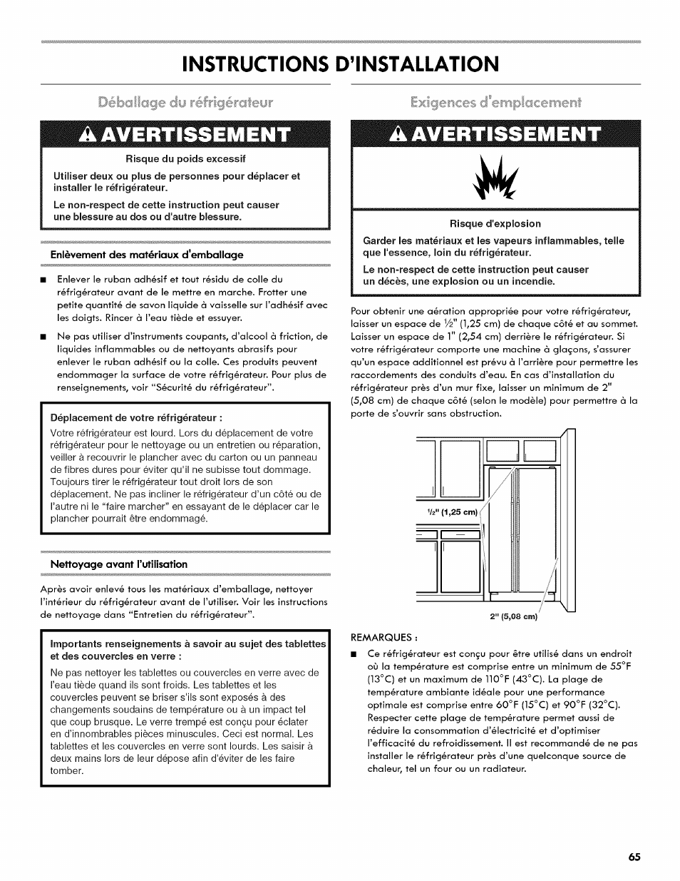 Instructions d’installation, A avertissement | Kenmore 106.511800 User Manual | Page 65 / 92