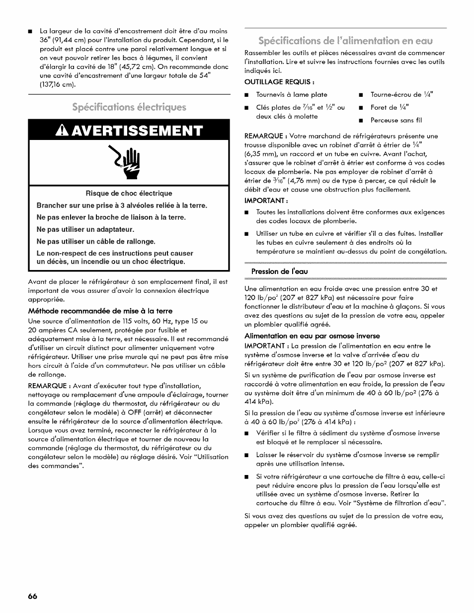A avertissement, Avertissement, Spécificcitîiî ctriqijes | Sfîécificcitiijns de l’aiîrrientaticjn en eau | Kenmore 106.511800 User Manual | Page 66 / 92