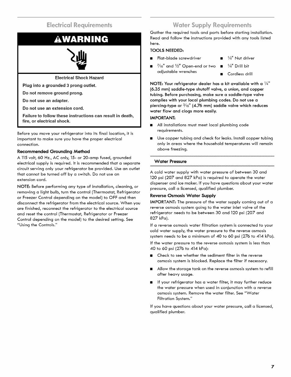 Awarning, Electrical iecnjirerrierits | Kenmore 106.511800 User Manual | Page 7 / 92