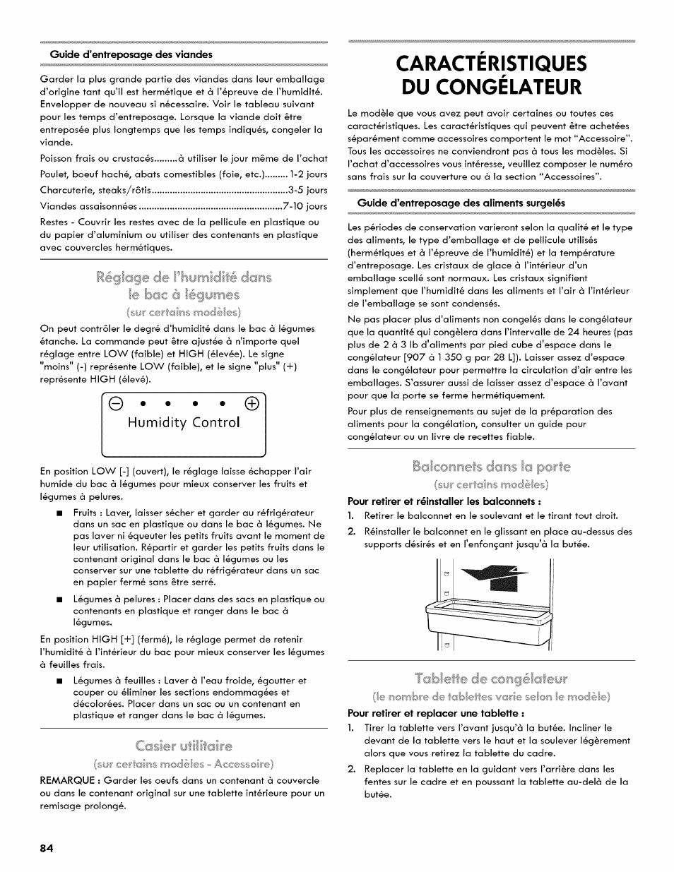 Caracteristiques du congélateur, Caractéristiques du congélateur, Humidity control | Kenmore 106.511800 User Manual | Page 84 / 92