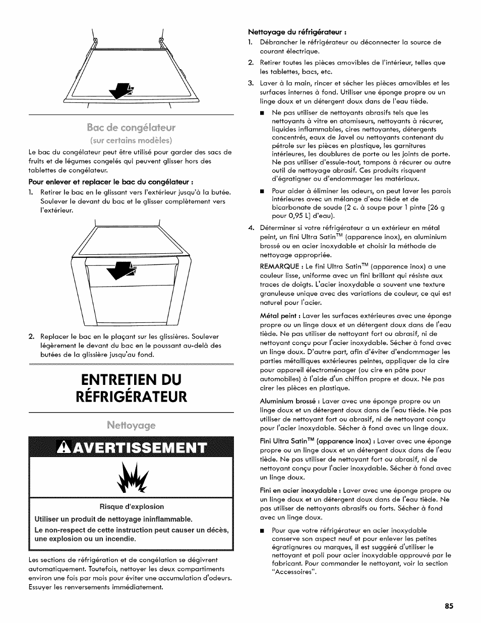 Entretien du réfrigérateur, Tablettes du réfrigérateur, Avertissement | Kenmore 106.511800 User Manual | Page 85 / 92