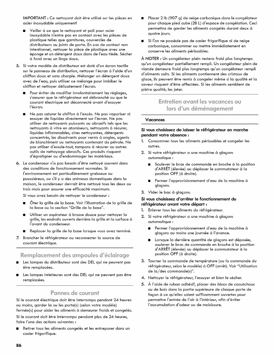 Ierripiaœrrient des cirnpiîules d’éclairage, Pannes de cxnirant | Kenmore 106.511800 User Manual | Page 86 / 92