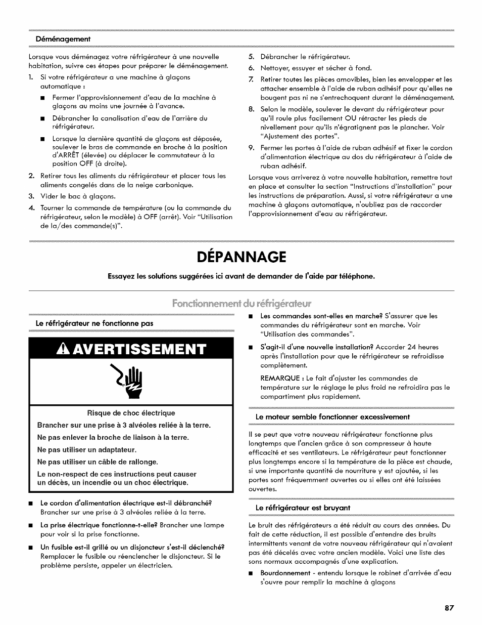Depannage, Dépannage, A avertissement | Kenmore 106.511800 User Manual | Page 87 / 92