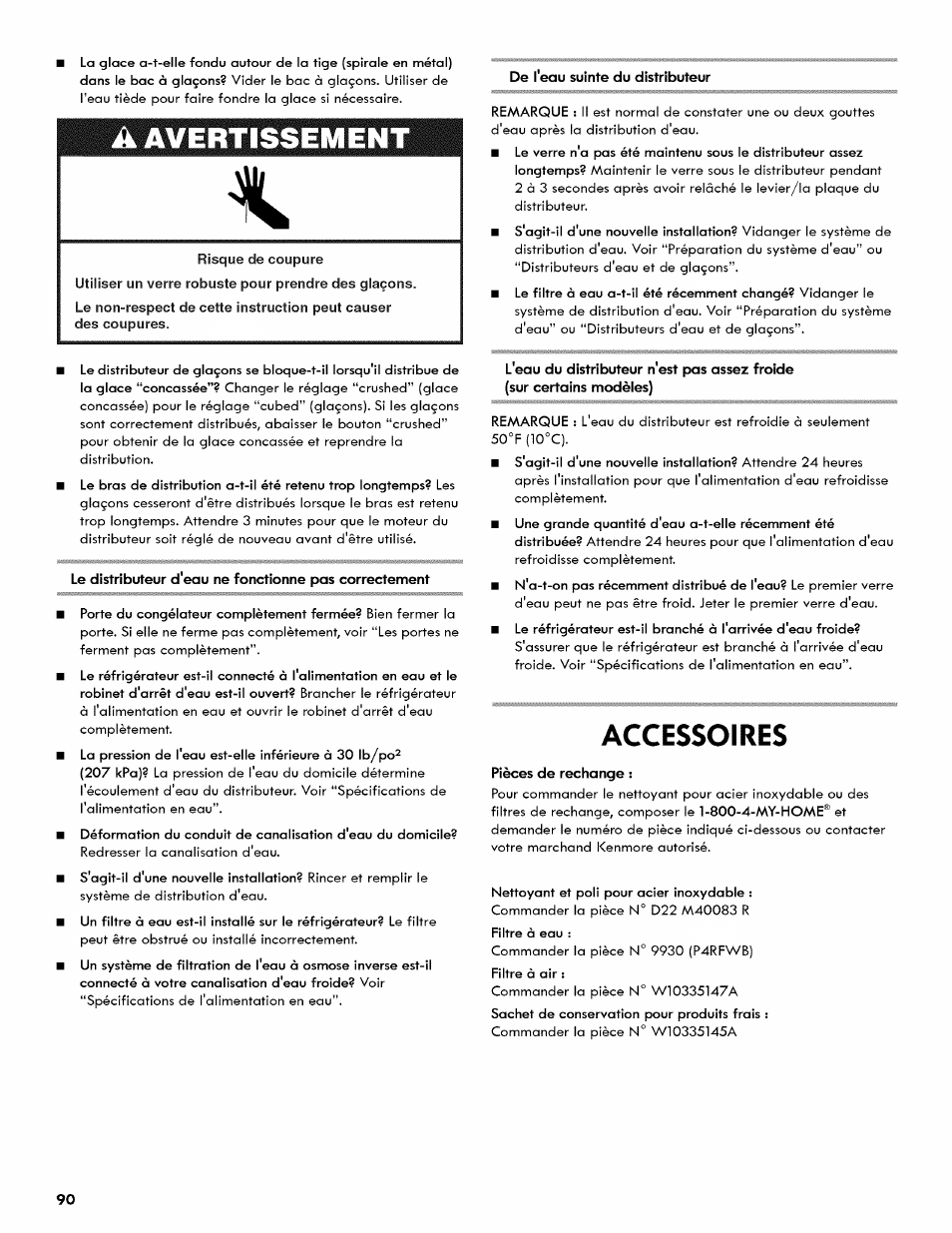 A avertissement, Accessoires | Kenmore 106.511800 User Manual | Page 90 / 92