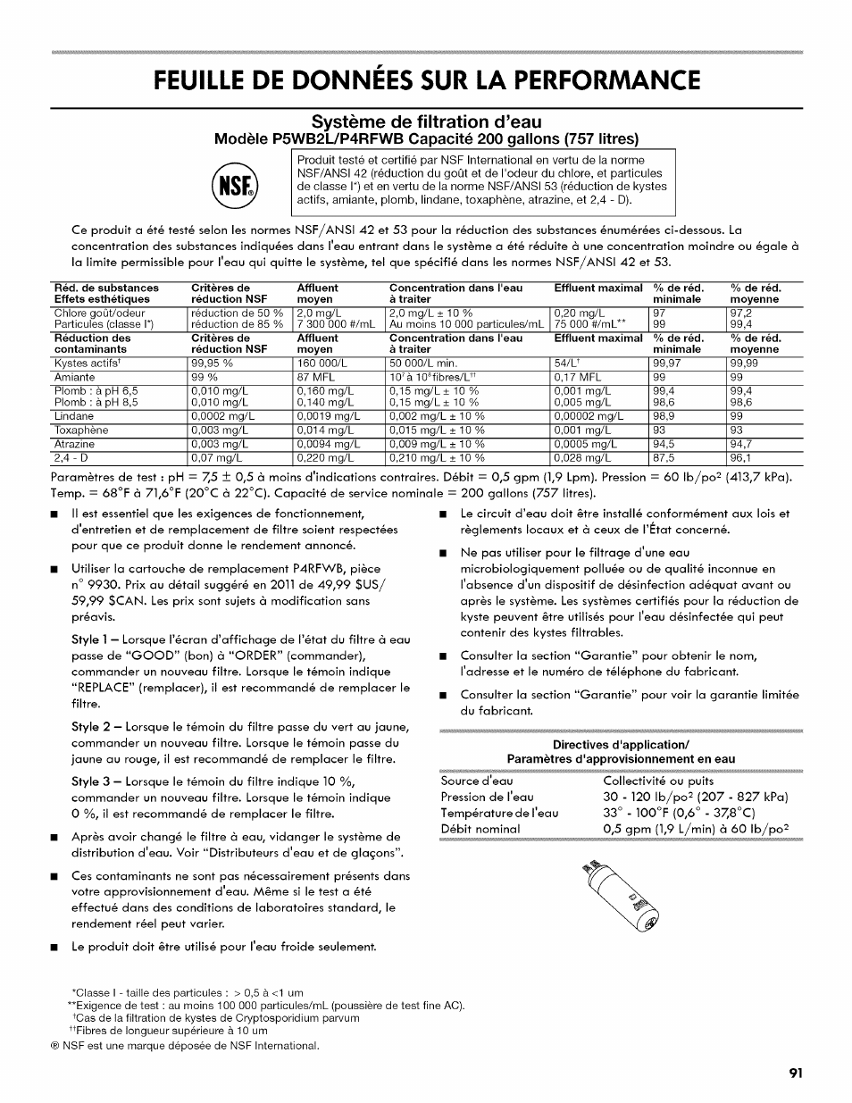 Feuille de donnees sur la performance, Feuille de données sur la performance, Système de filtration d’eau | Kenmore 106.511800 User Manual | Page 91 / 92