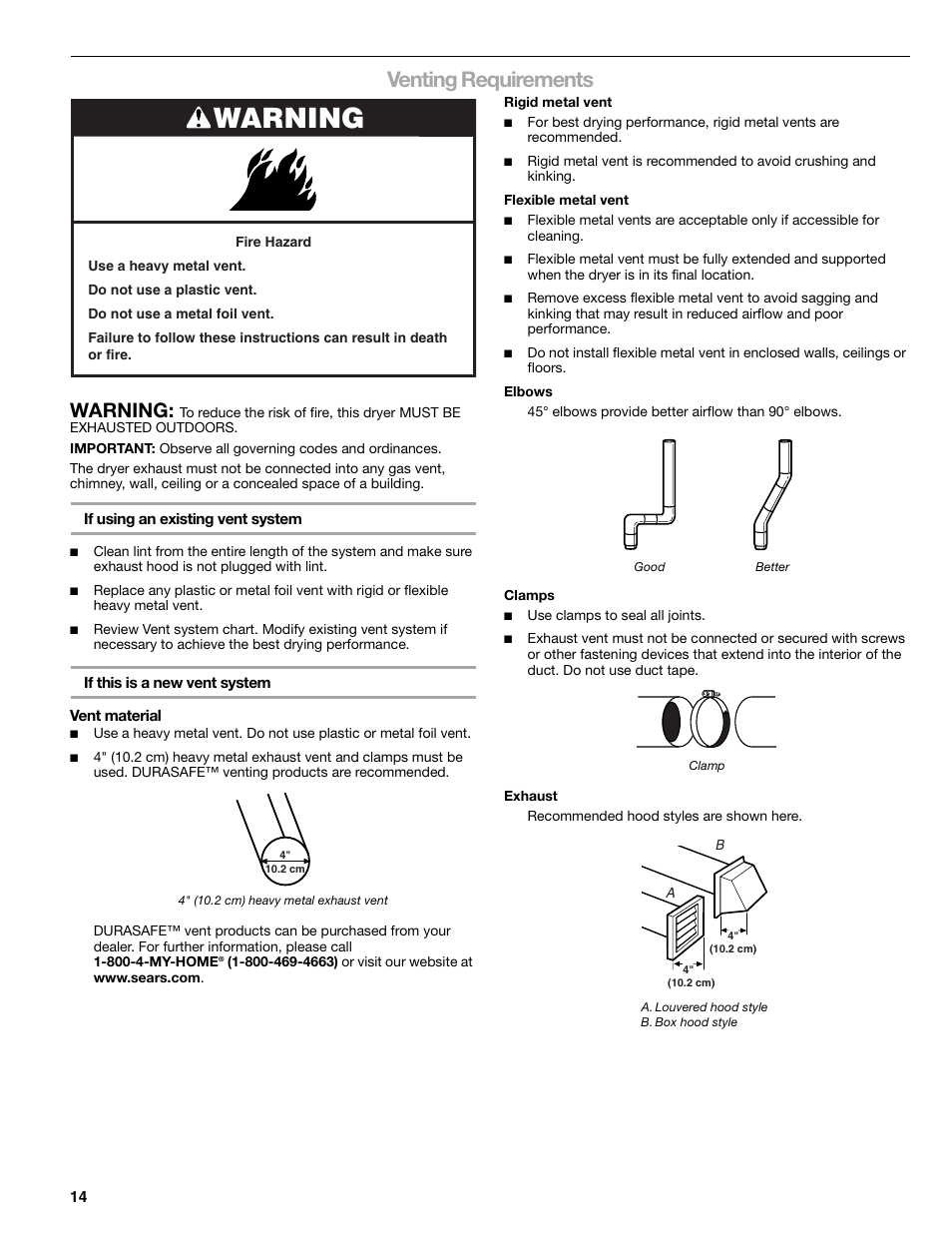 Venting requirements, Warning | Kenmore ELITE HE3 110.8789 User Manual | Page 14 / 56