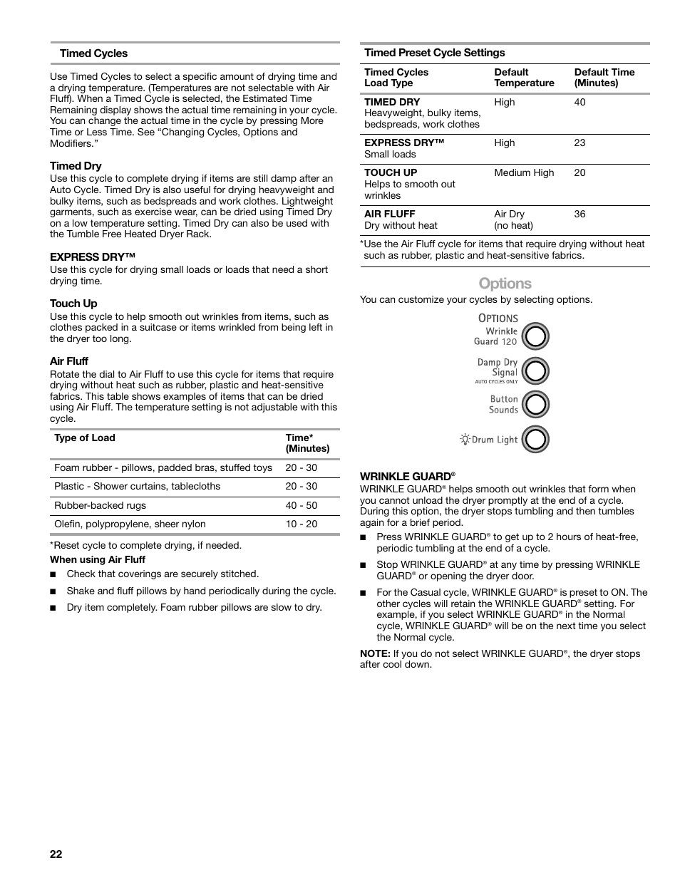 Options | Kenmore ELITE HE3 110.8789 User Manual | Page 22 / 56