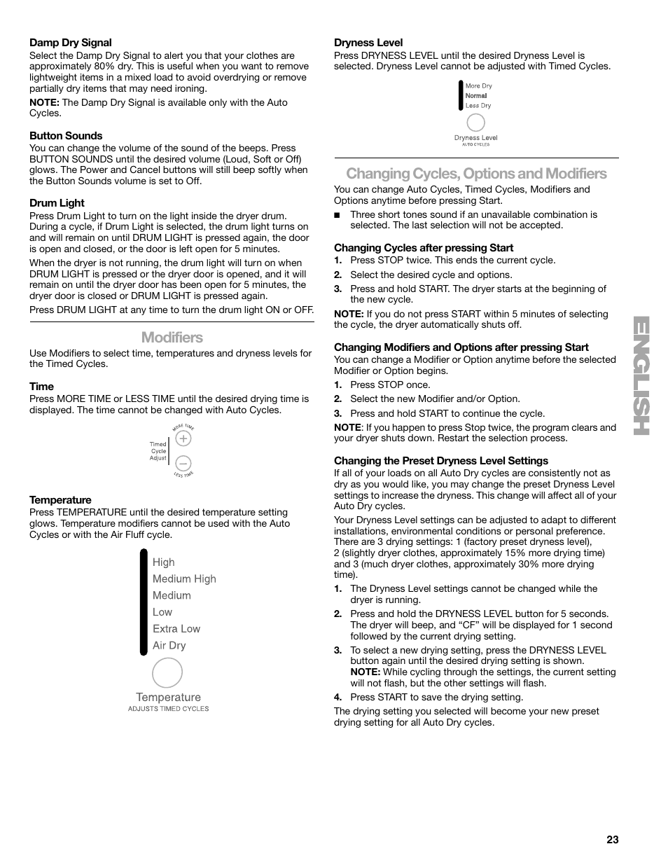 Modifiers, Changing cycles, options and modifiers | Kenmore ELITE HE3 110.8789 User Manual | Page 23 / 56