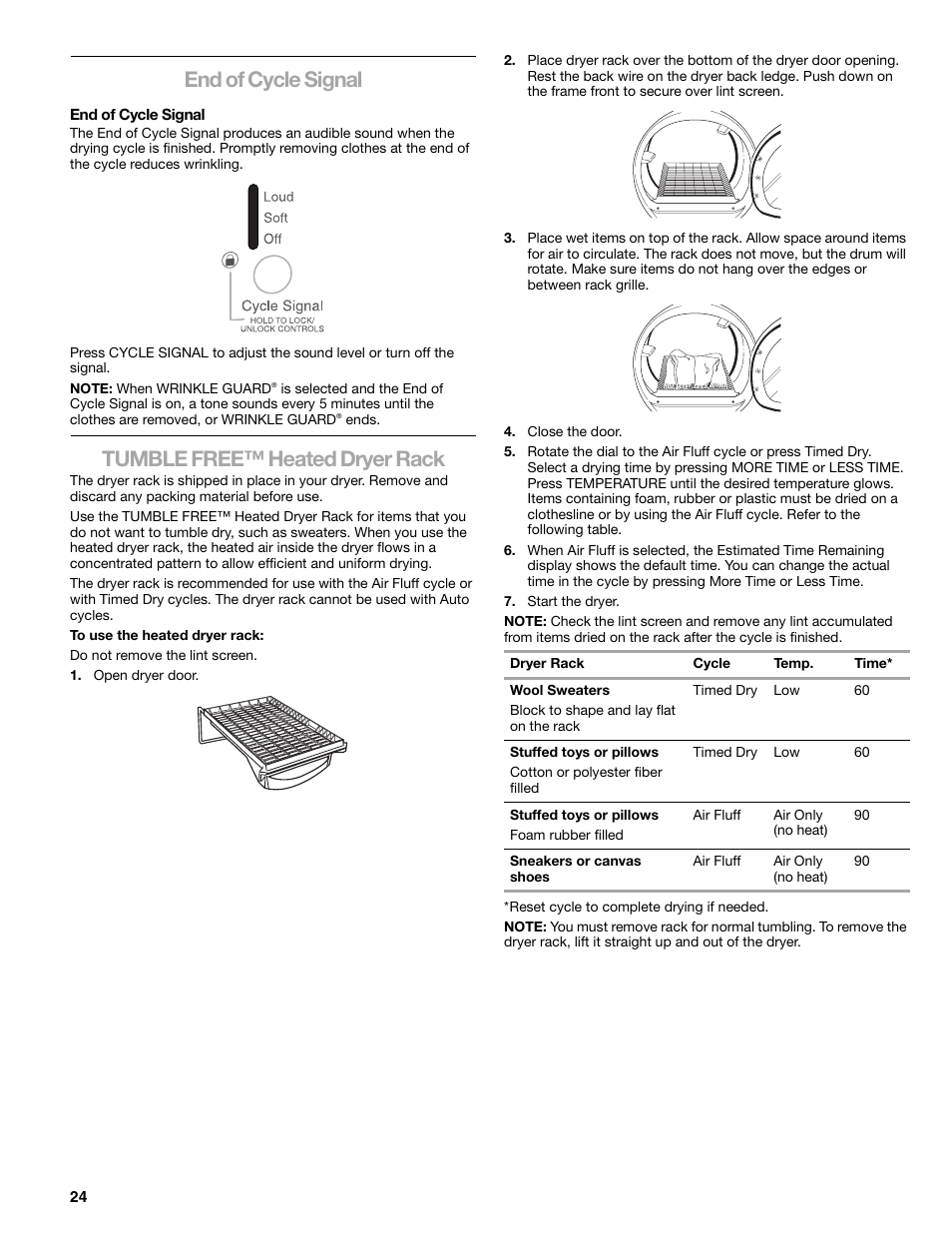 End of cycle signal, Tumble free™ heated dryer rack | Kenmore ELITE HE3 110.8789 User Manual | Page 24 / 56