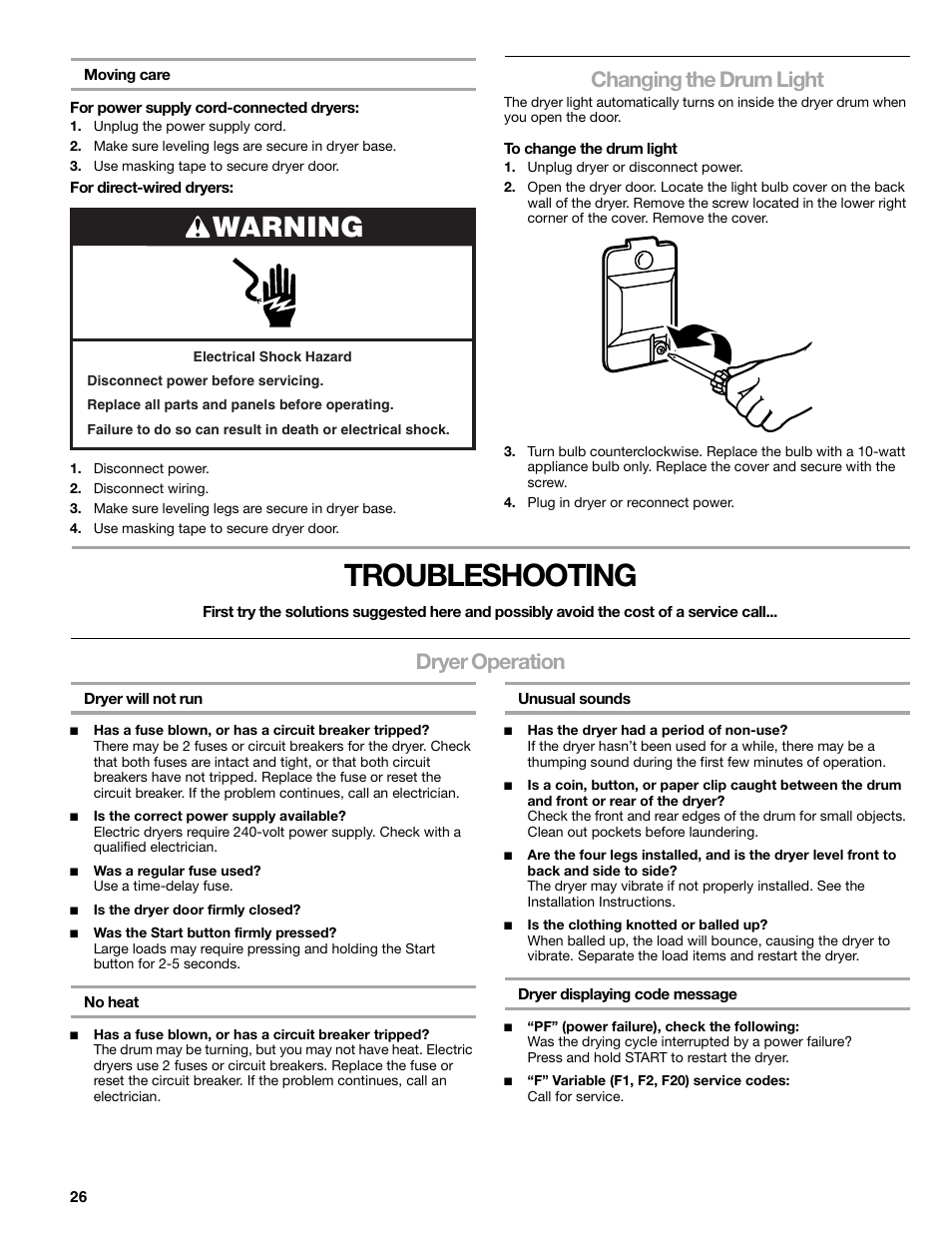 Troubleshooting, Warning, Changing the drum light | Dryer operation | Kenmore ELITE HE3 110.8789 User Manual | Page 26 / 56