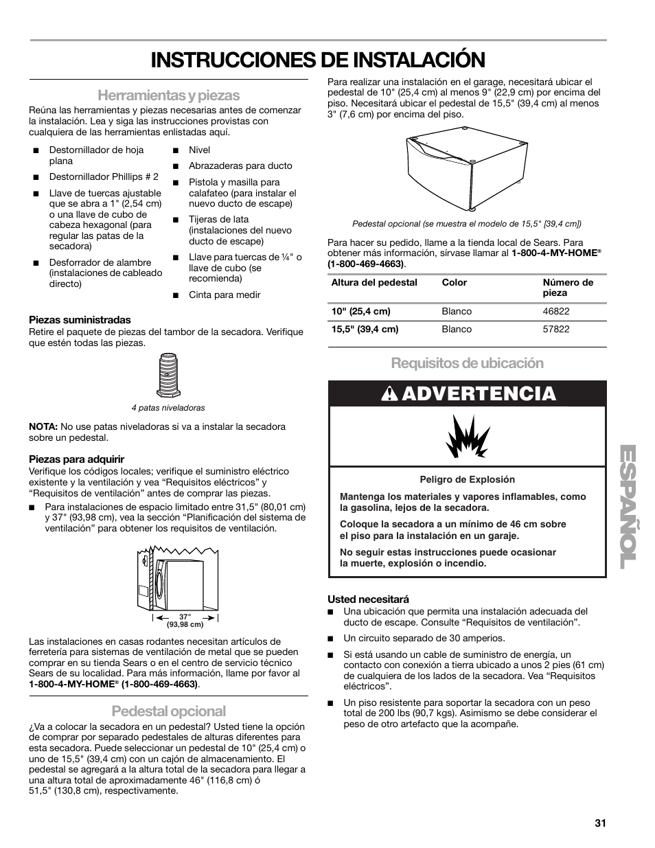 Instrucciones de instalación, Advertencia, Herramientas y piezas | Pedestal opcional, Requisitos de ubicación | Kenmore ELITE HE3 110.8789 User Manual | Page 31 / 56