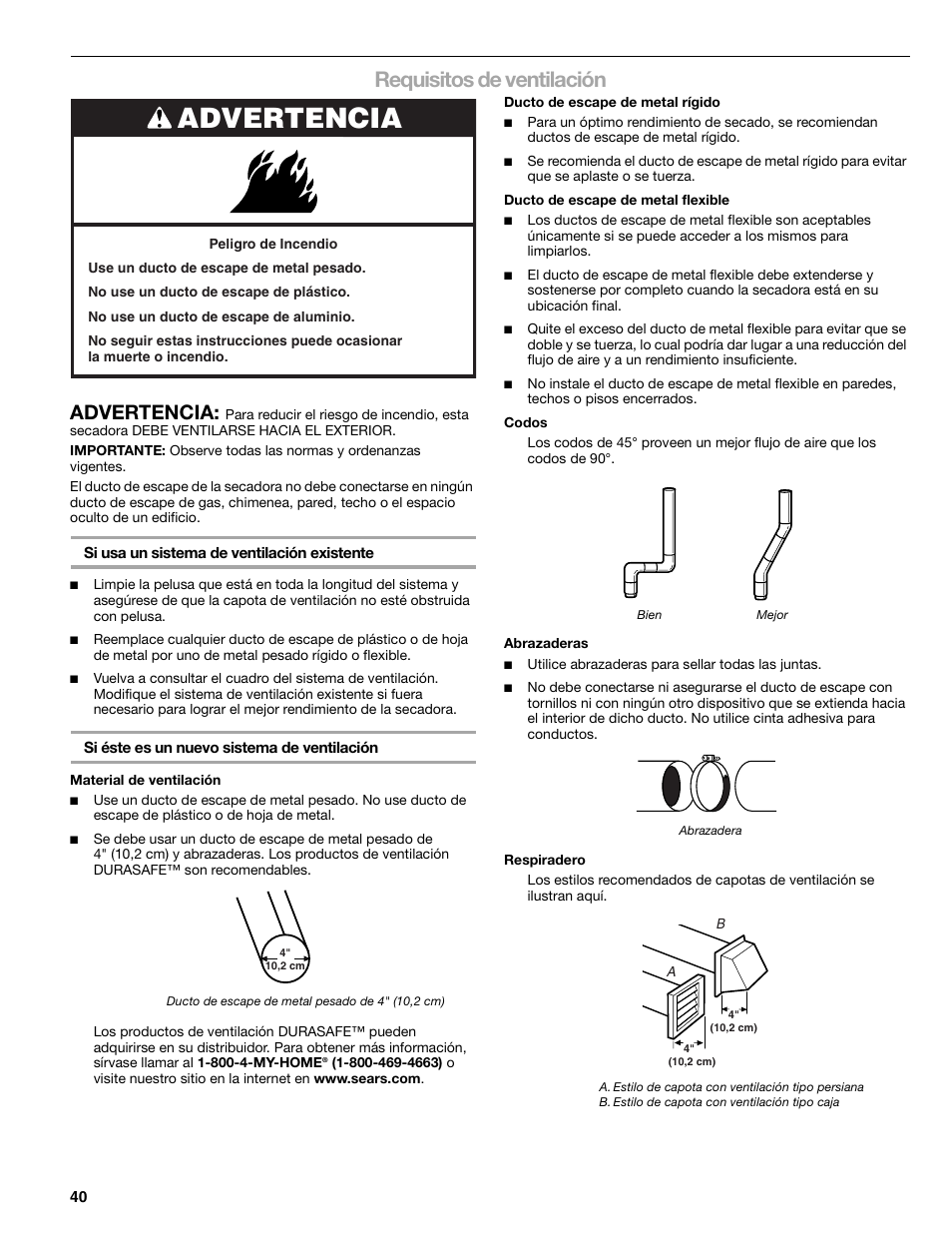 Requisitos de ventilación, Advertencia | Kenmore ELITE HE3 110.8789 User Manual | Page 40 / 56