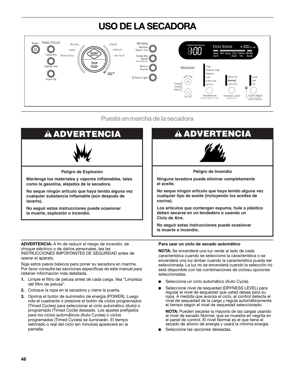 Uso de la secadora, Advertencia, Puesta en marcha de la secadora | Kenmore ELITE HE3 110.8789 User Manual | Page 46 / 56