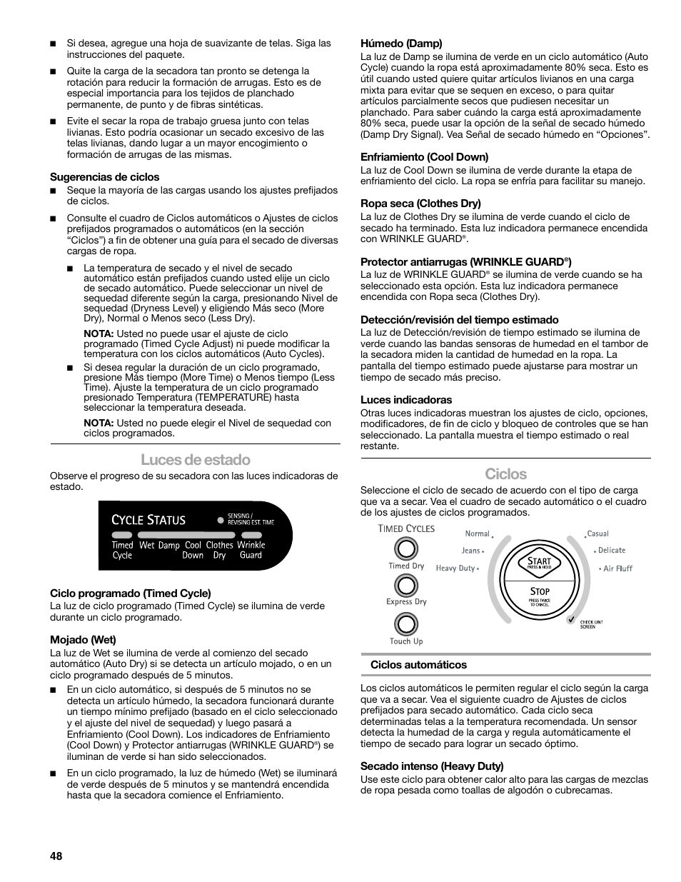 Luces de estado, Ciclos | Kenmore ELITE HE3 110.8789 User Manual | Page 48 / 56