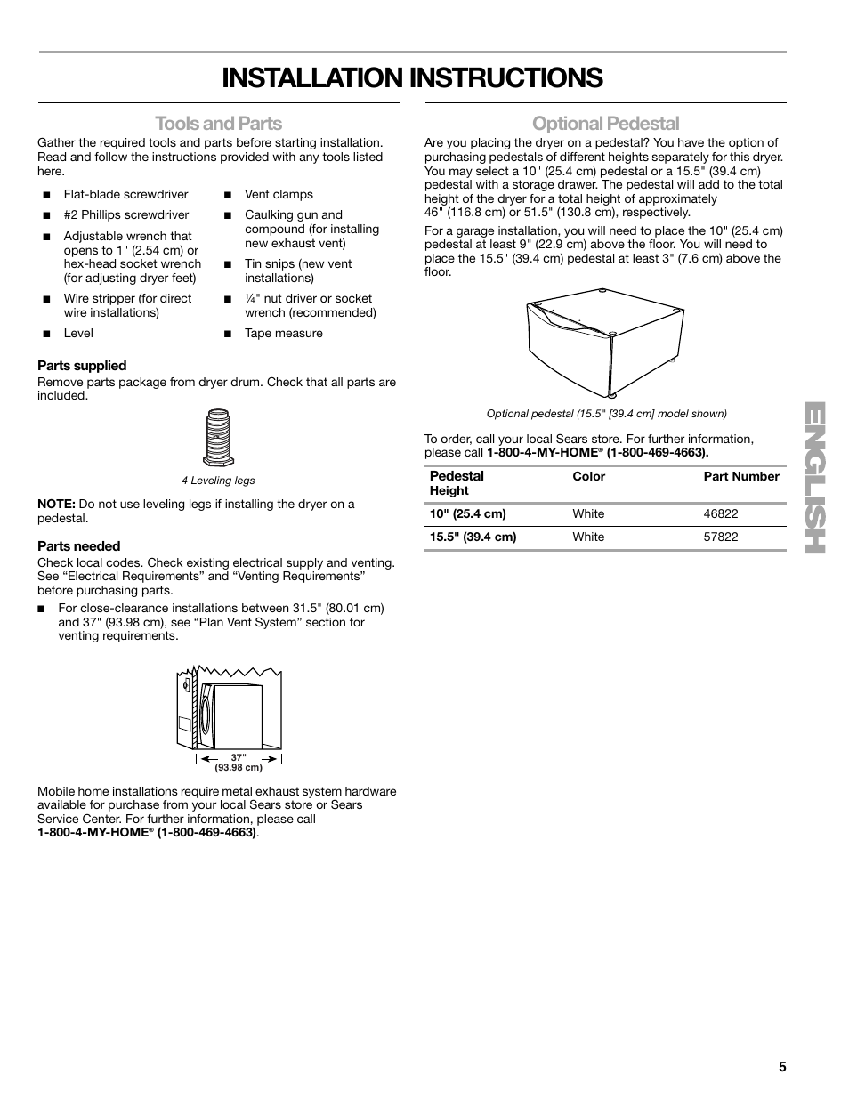 Installation instructions, Tools and parts, Optional pedestal | Kenmore ELITE HE3 110.8789 User Manual | Page 5 / 56