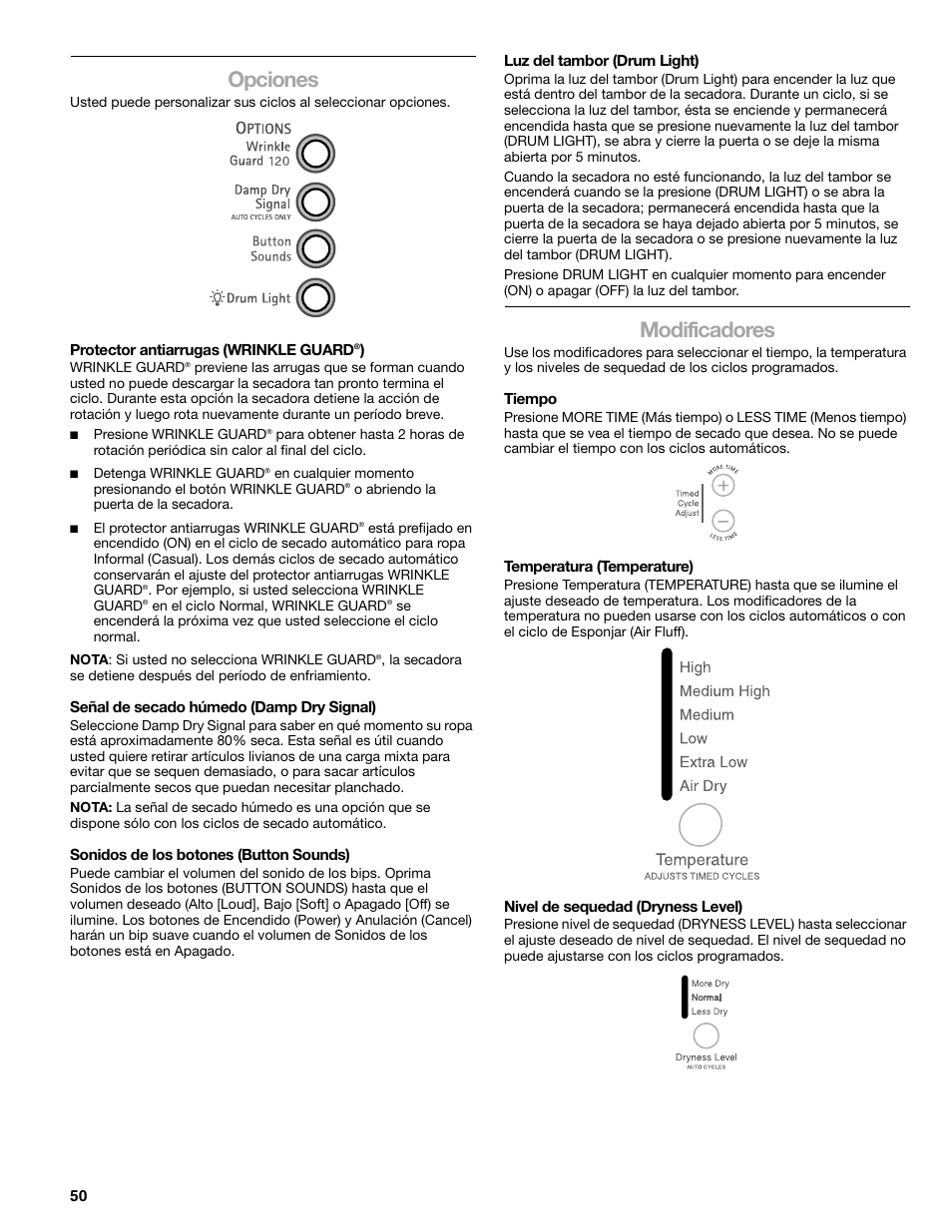 Opciones, Modificadores | Kenmore ELITE HE3 110.8789 User Manual | Page 50 / 56