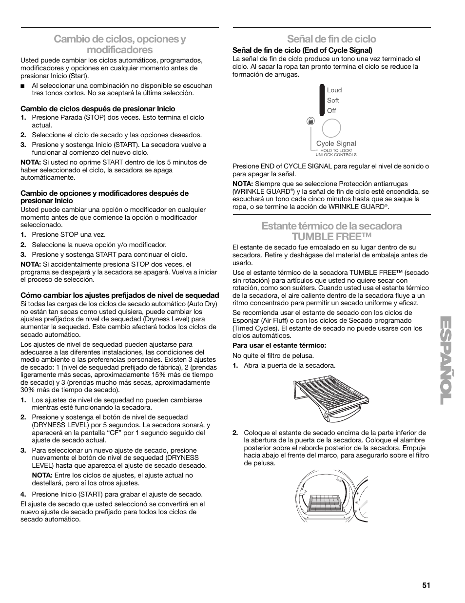 Cambio de ciclos, opciones y modificadores, Señal de fin de ciclo, Estante térmico de la secadora tumble free | Kenmore ELITE HE3 110.8789 User Manual | Page 51 / 56