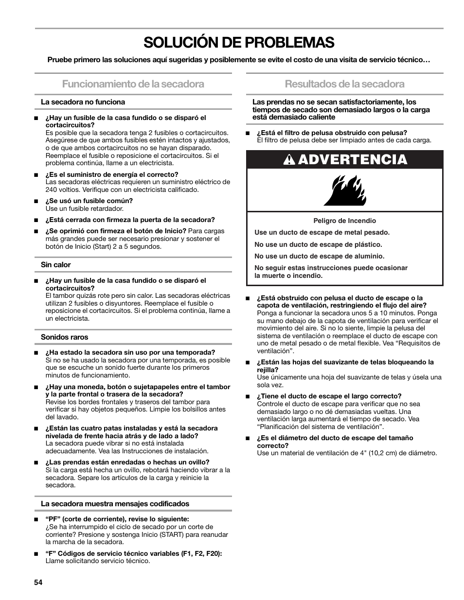 Solución de problemas, Advertencia, Funcionamiento de la secadora | Resultados de la secadora | Kenmore ELITE HE3 110.8789 User Manual | Page 54 / 56