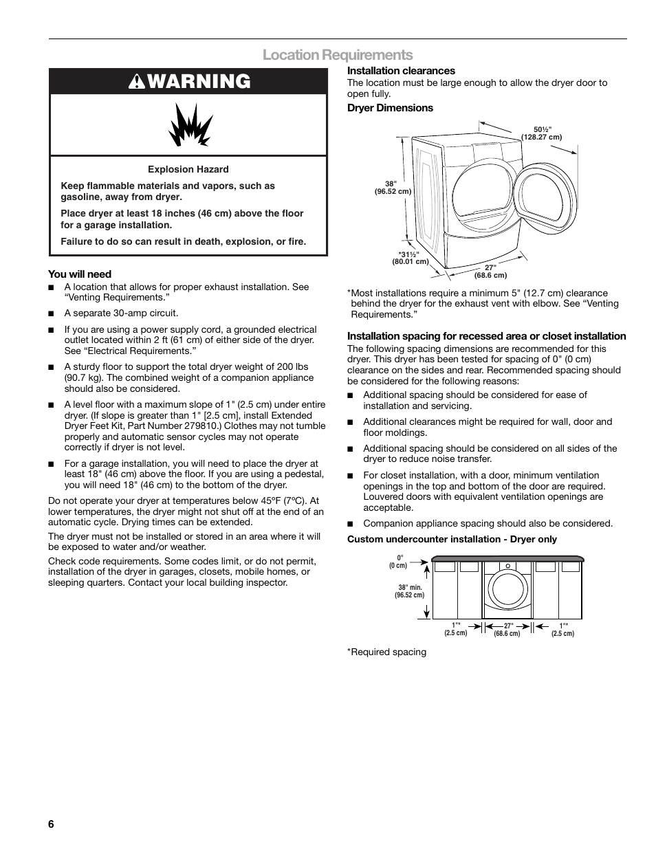 Warning, Location requirements | Kenmore ELITE HE3 110.8789 User Manual | Page 6 / 56