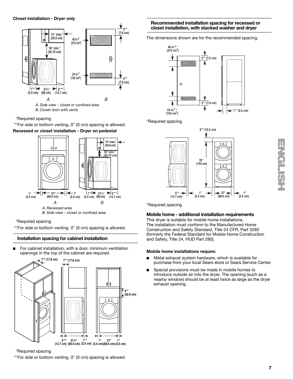 Installation spacing for cabinet installation, Mobile home - additional installation requirements | Kenmore ELITE HE3 110.8789 User Manual | Page 7 / 56