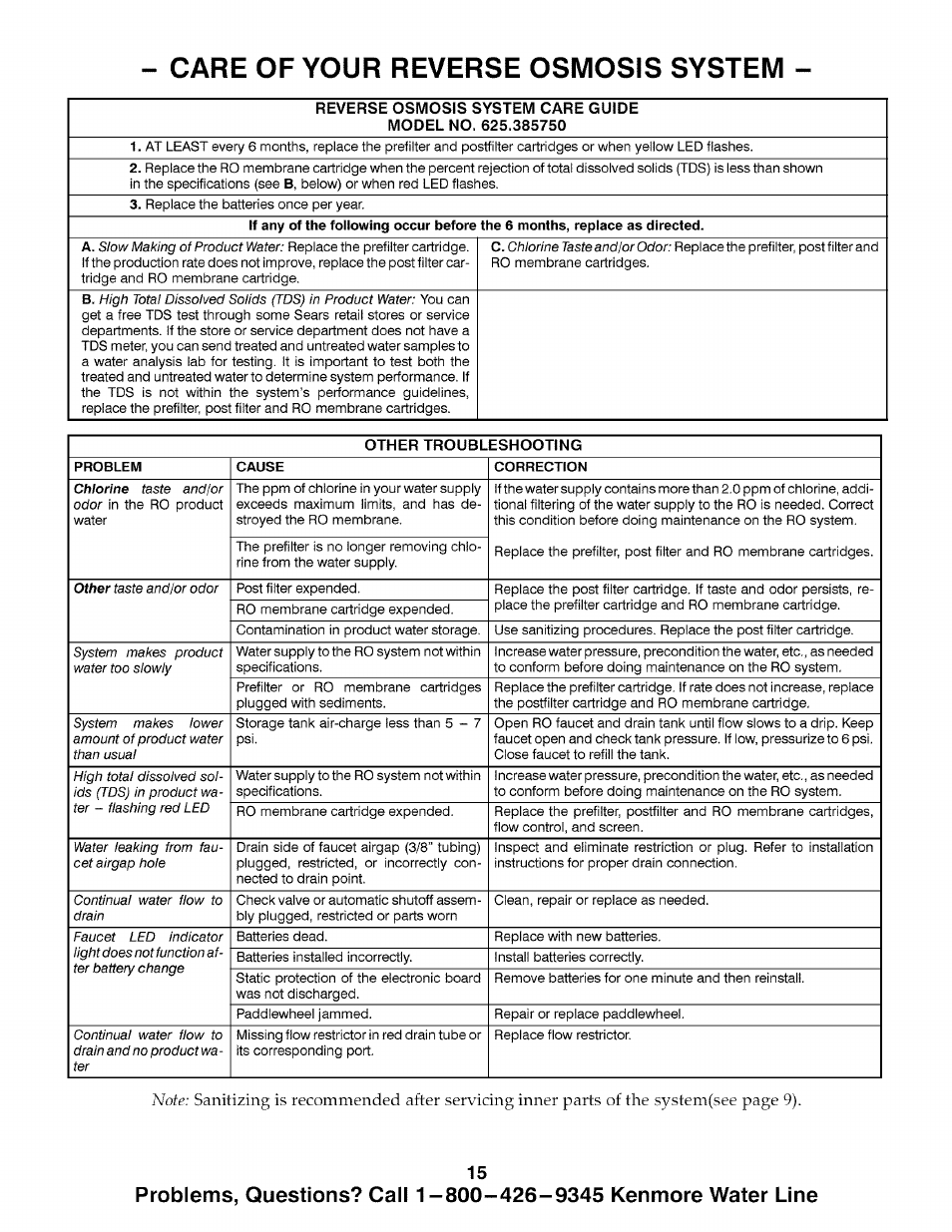 Care of your reverse osmosis system, Problems, questions? call 1 | Kenmore 625.38575 User Manual | Page 15 / 20