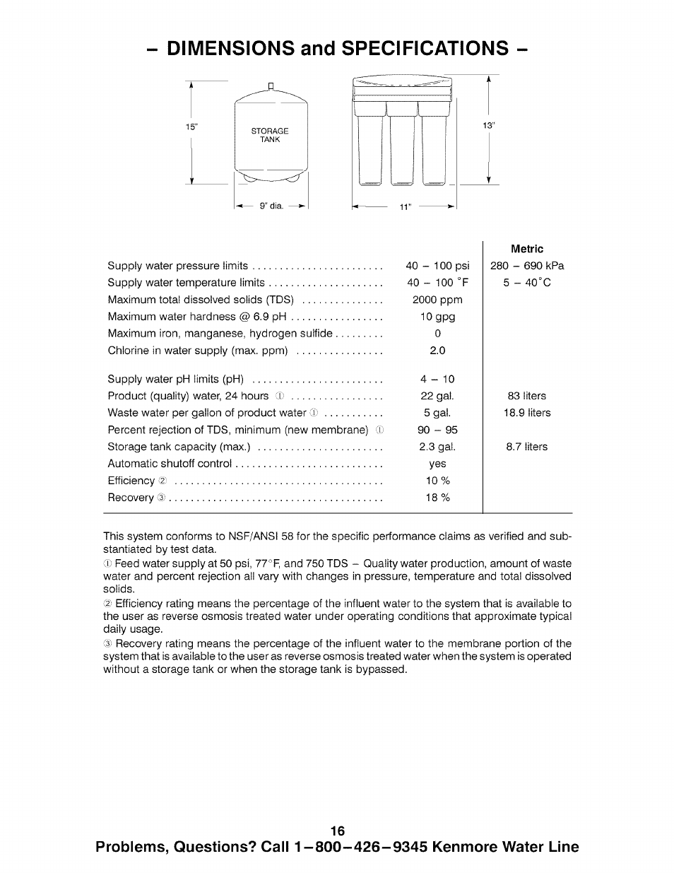 Dimensions and specifications, Dimensions, specifications, Problems, questions? call 1 | Kenmore 625.38575 User Manual | Page 16 / 20