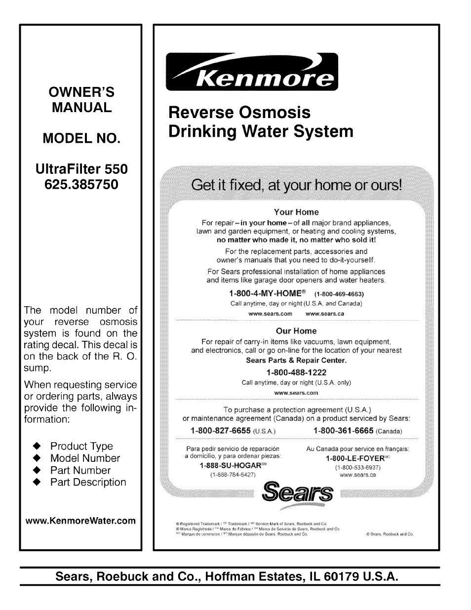 Owner’s, Manual, Model no | Ultrafilter 550 625.385750, Reverse osmosis drinking water system, Get it fixed, at your home or ours | Kenmore 625.38575 User Manual | Page 20 / 20