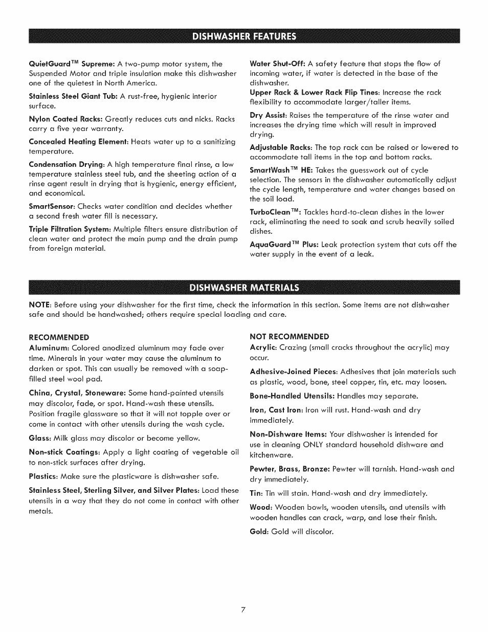 Dishwasher materials, Dishware materials, Dishwasher features | Kenmore 630.1395 User Manual | Page 7 / 21