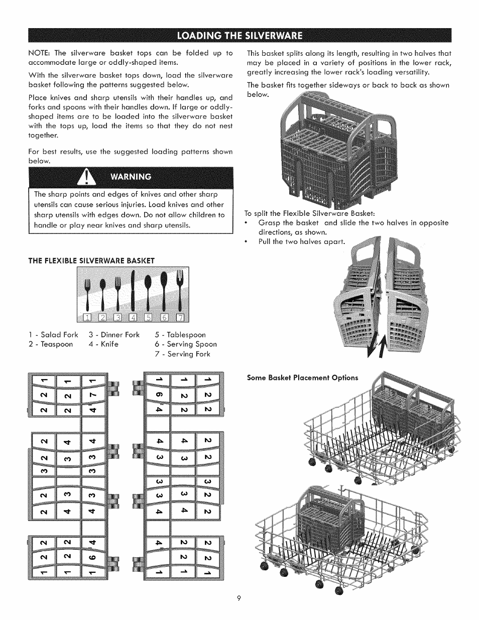 Warning, Loading the silverware | Kenmore 630.1395 User Manual | Page 9 / 21