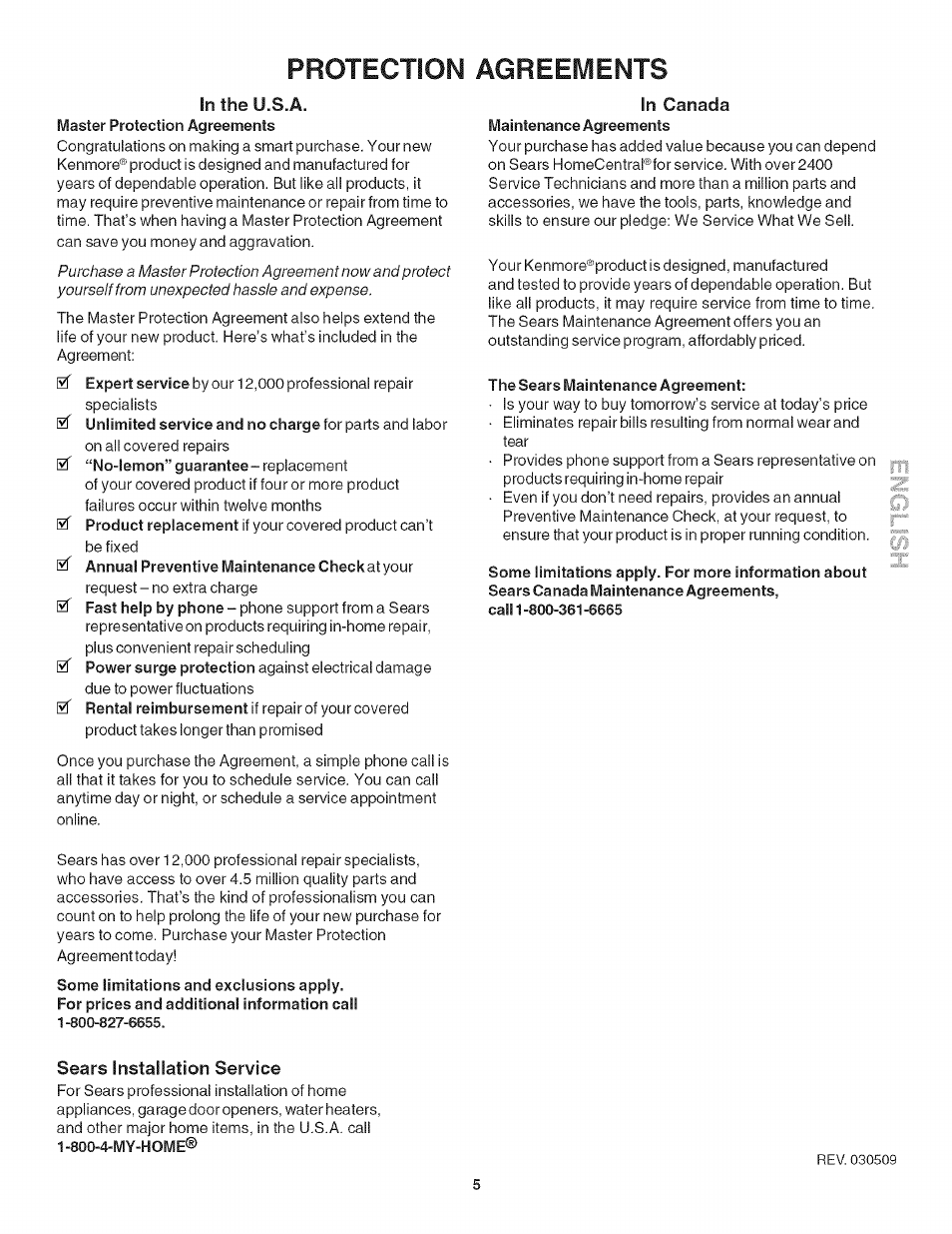 Protection agreements, Intheu.s.a, In canada | Sears installation, Service | Kenmore HORNO 790.42003 User Manual | Page 5 / 20