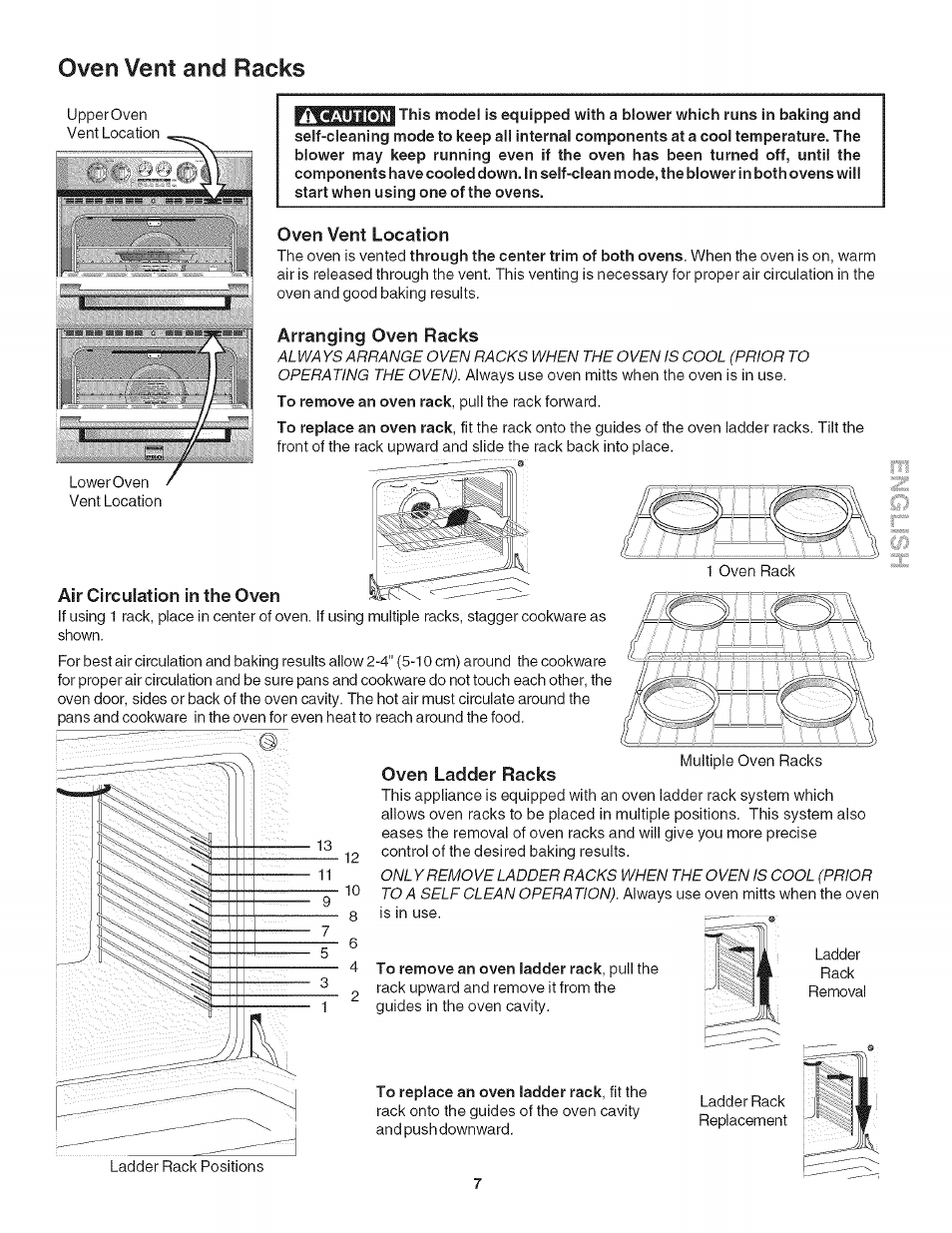 Oven vent and racks, Oven vent location, Arranging oven racks | Oven ladder racks, Circulation | Kenmore HORNO 790.42003 User Manual | Page 7 / 20