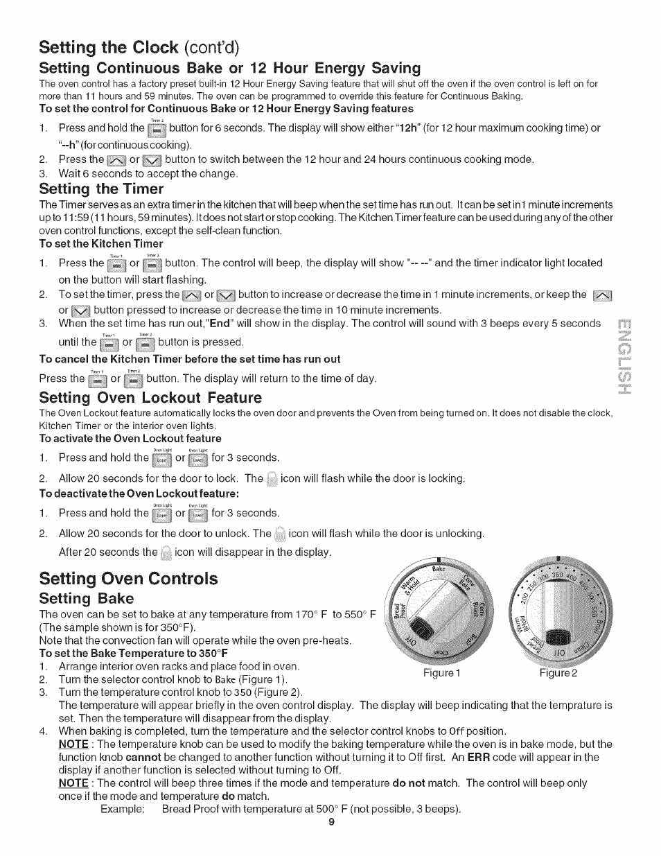 Setting the clock (cont’d), Setting oven controls, Setting continuous bake or 12 hour energy saving | Setting the timer, Setting oven lockout feature, Setting bake | Kenmore HORNO 790.42003 User Manual | Page 9 / 20