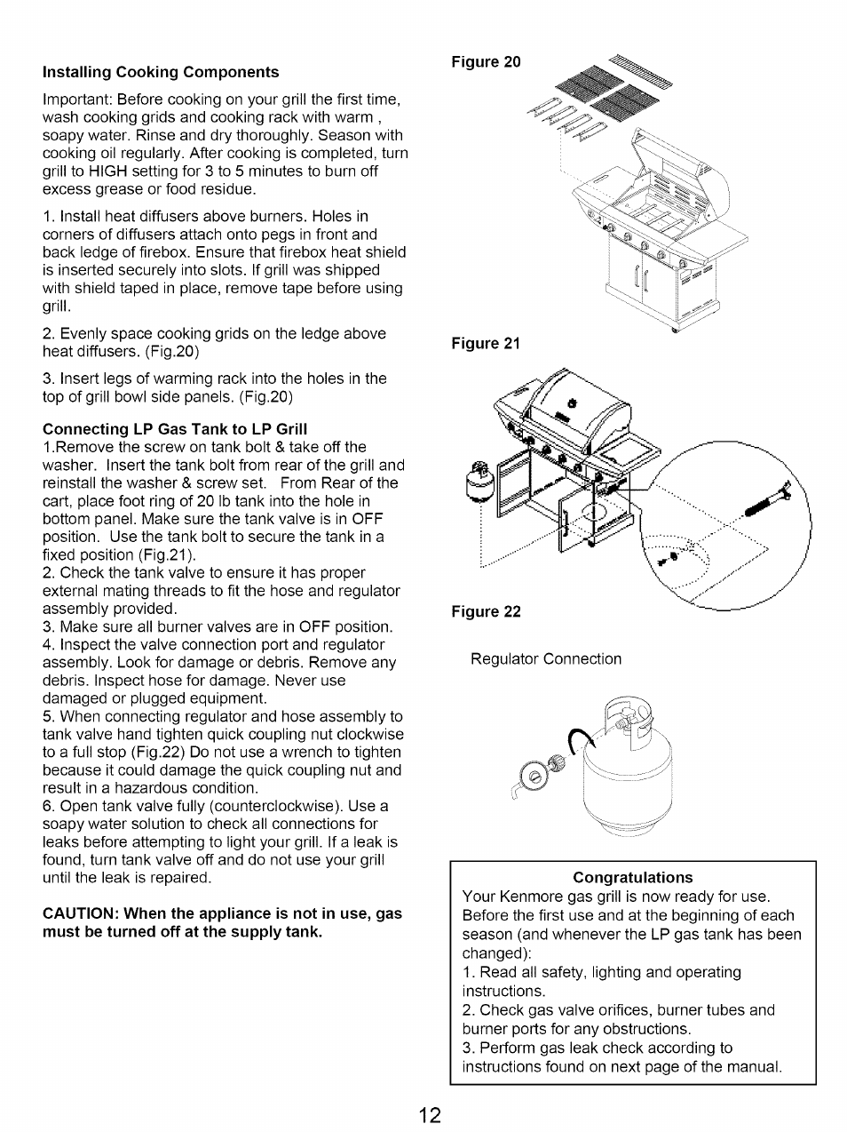 Installing cooking components, Connecting lp gas tank to lp grill | Kenmore 122.16641900 User Manual | Page 12 / 19