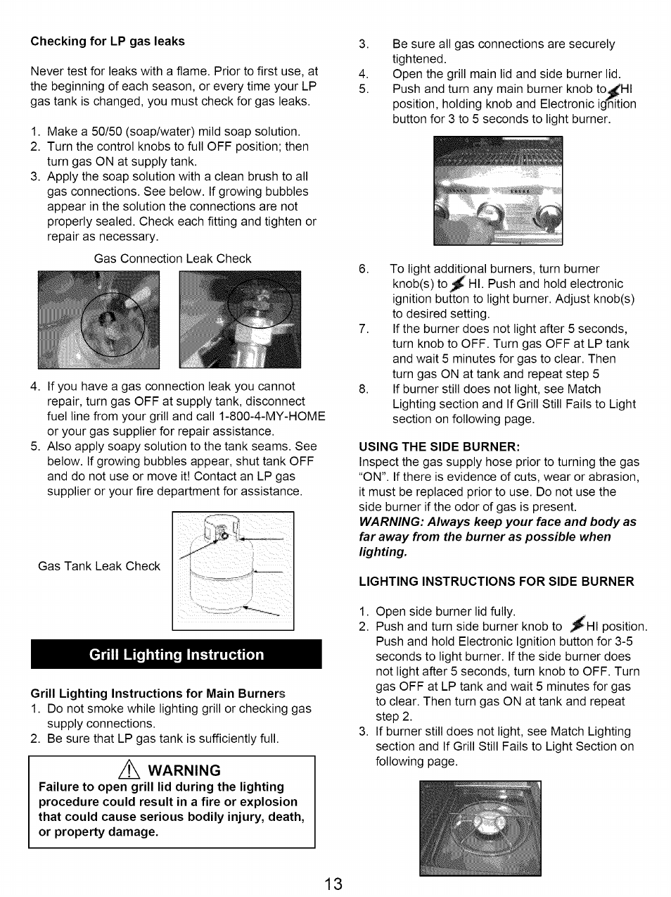 Checking for lp gas leaks, Grill lighting instruction, Grill lighting instructions for main burners | Using the side burner, Lighting instructions for side burner, Lighting instructions ~14 | Kenmore 122.16641900 User Manual | Page 13 / 19