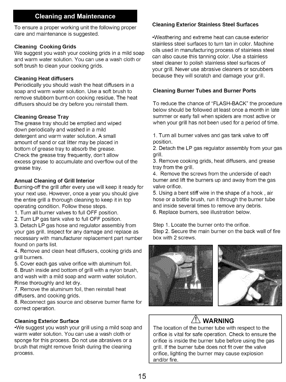 Cleaning and maintenance, Cleaning cooking grids, Cleaning heat diffusers | Cleaning grease tray, Annual cleaning of grill interior, Cleaning exterior surface, Cleaning burner tubes and burner ports, Cleaning and maintenance ~15 | Kenmore 122.16641900 User Manual | Page 15 / 19