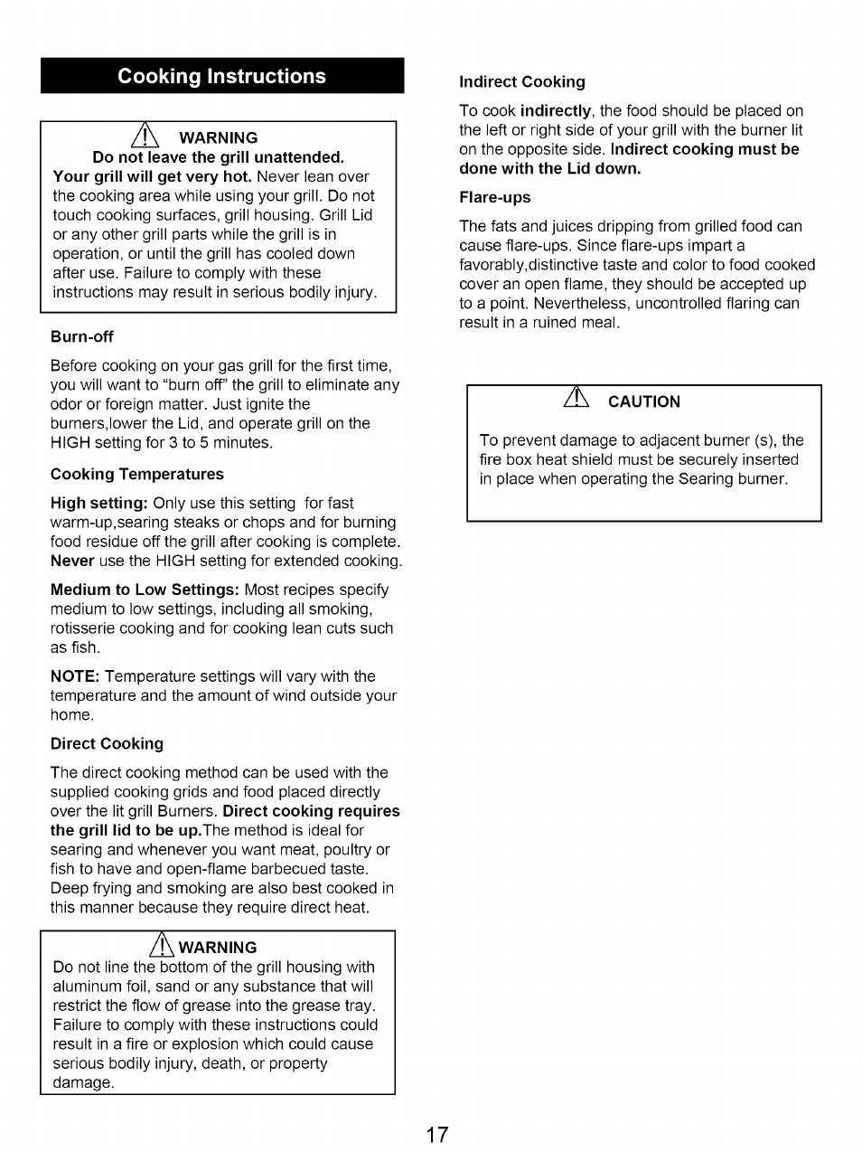 Burn-off, Cooking temperatures, Warning | Caution, Cooking instructions | Kenmore 122.16641900 User Manual | Page 17 / 19