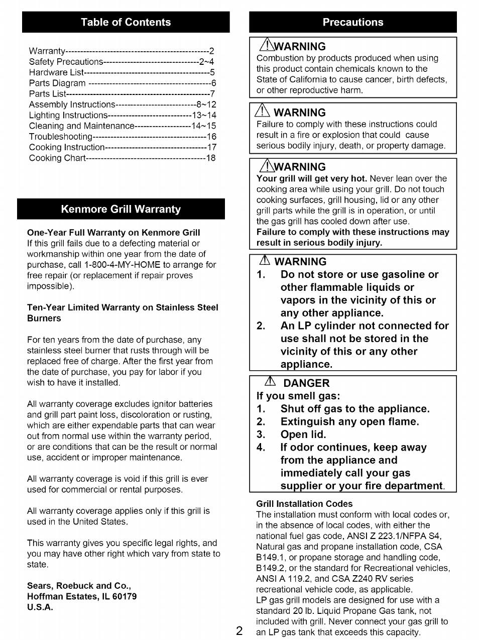 Kenmore grill warranty, One-year full warranty on kenmore grill, Sears, roebuck and co | Grill installation codes | Kenmore 122.16641900 User Manual | Page 2 / 19