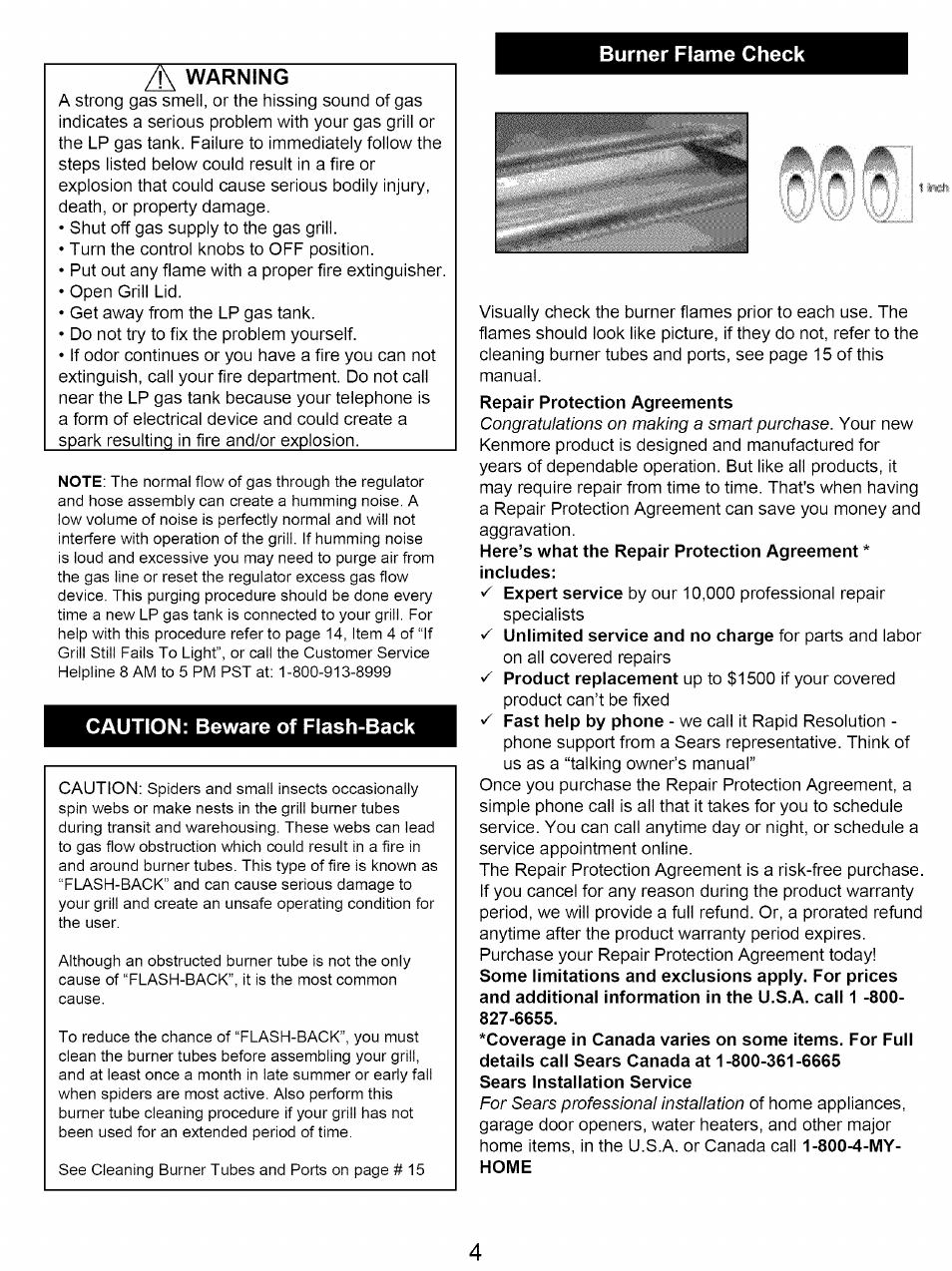 Burner flame check, Warning, Caution: beware of flash-back | Burner flame check warning | Kenmore 122.16641900 User Manual | Page 4 / 19