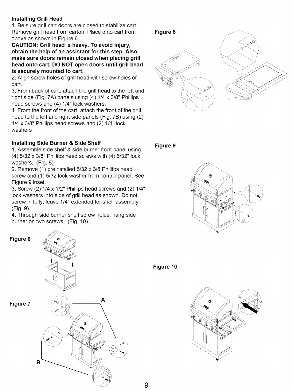 Installing grill head, Installing side burner & side shelf, Figure 10 | Kenmore 122.16641900 User Manual | Page 9 / 19