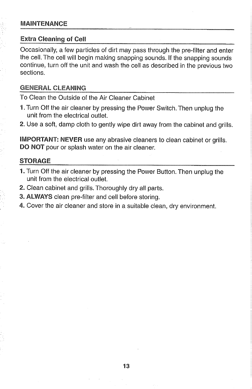 Extra cleaning of cell, General cleaning, Storage | Extra | Kenmore 437.85264 User Manual | Page 13 / 15