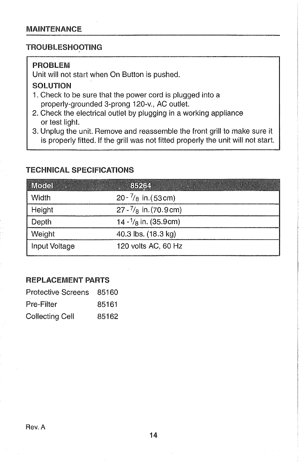 Troubleshooting, Problem, Solution | Technical specifications | Kenmore 437.85264 User Manual | Page 14 / 15